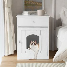Wooden Pet House Cat Litter Box Enclosure with Drawer, Side Table, Indoor Pet Crate, Cat Home Nightstand (White) (Option: Default title)