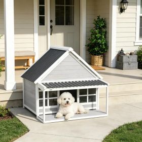 Wooden Dog House with Porch, Outdoor Weatherproof Dog House with Tilt Roof, Front Door and Windows, for Medium and Large Sized Dogs (Option: Default title)