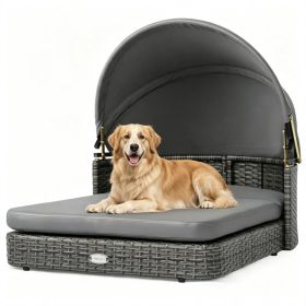 Gray Hand-Woven PE Rattan Dog Bed with Adjustable Canopy, Elevated Outdoor Pet Daybed with Washable Plush Cushion, Anti-Slip Breathable Pet Shelt (Option: Default title)