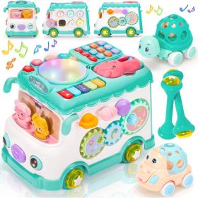 Baby Activity Bus Toy Set 6-in-1 Multifunctional Musical Learning Bus Includes Mini Car & Building Blocks Early Educational Toy For Toddlers Ages (Option: Green)