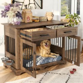 44.48" Large Dog Crate Furniture, Indoor Wooden Dog Kennel End Table with 2 Storage Drawers and Rotating Bowls (Color: as Pic)